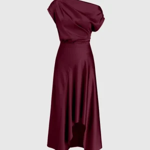 Asymmetrical Boat Neck Ruffle Maxi Dress In Cherry Red