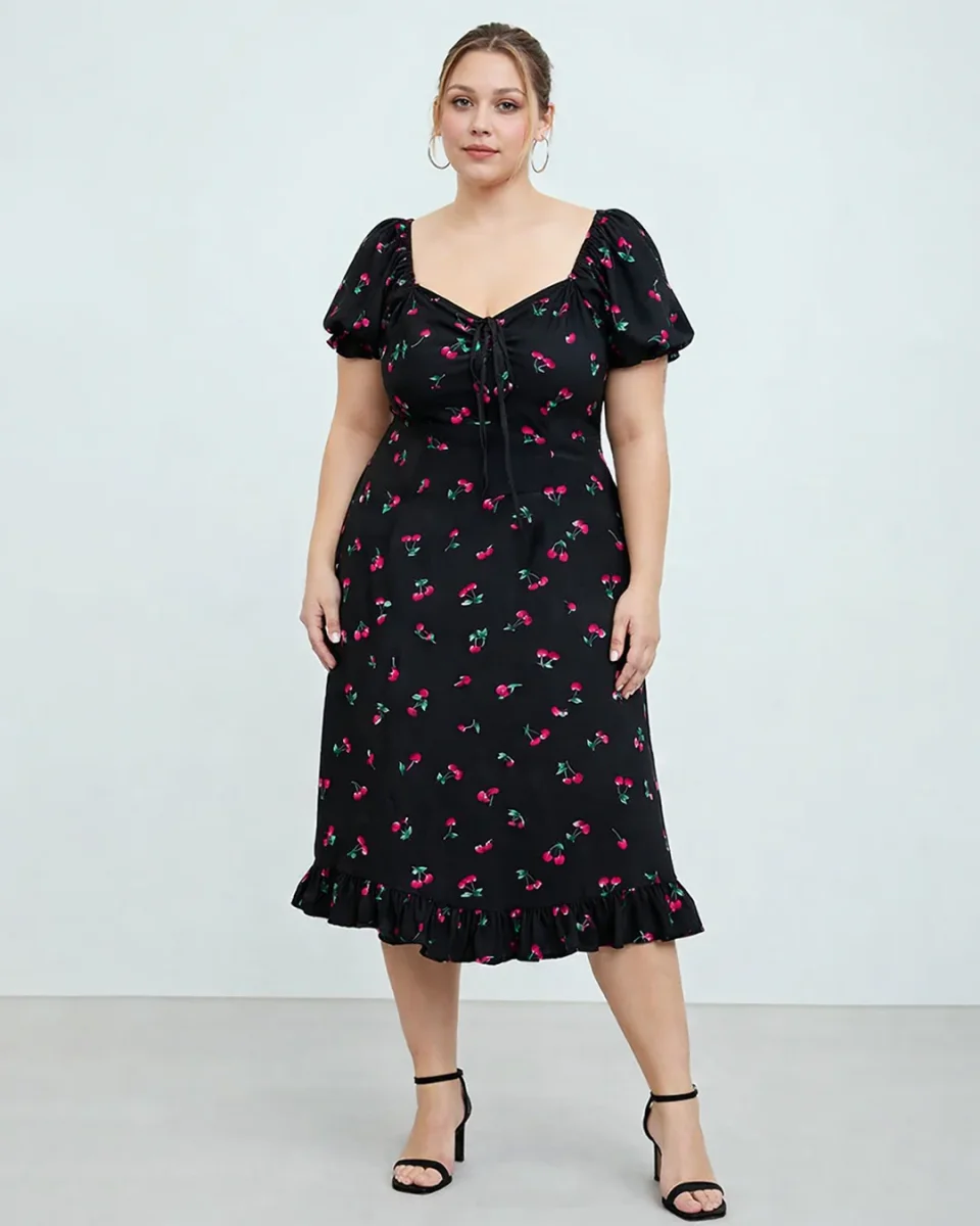 Cherry Print V Neck Midi Ruffle Short Sleeve Dress Curve & Plus