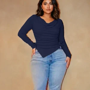 Casual Cowl Neck Ruched Side Tie Long Sleeve Top Curve And Plus in Navy Blue