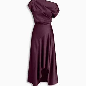 Asymmetrical Boat Neck Ruffle Maxi Dress In Wine Maroon