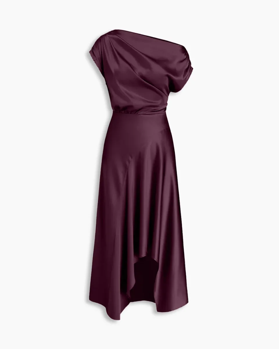 Asymmetrical Boat Neck Ruffle Maxi Dress In Wine Maroon
