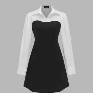 Collar Solid Patchy Contrast Mini Shirt Dress