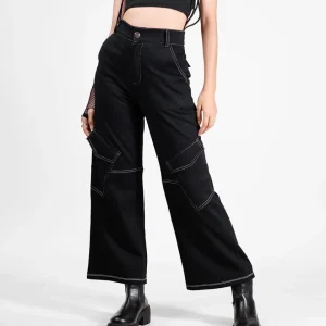 Acubi Style Tilted Pockets Baggy Womens Cargo In Black