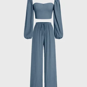 Aesthetic Sweetheart Neck Blouse & High Waisted Wide Leg Pants Set In Blue