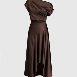 Asymmetrical Boat Neck Ruffle Maxi Dress In Dark Brown