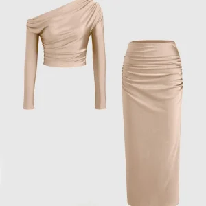 Asymmetrical Neck Long Sleeve Crop Top & Mid Rise Ruched Maxi Skirt In Peach