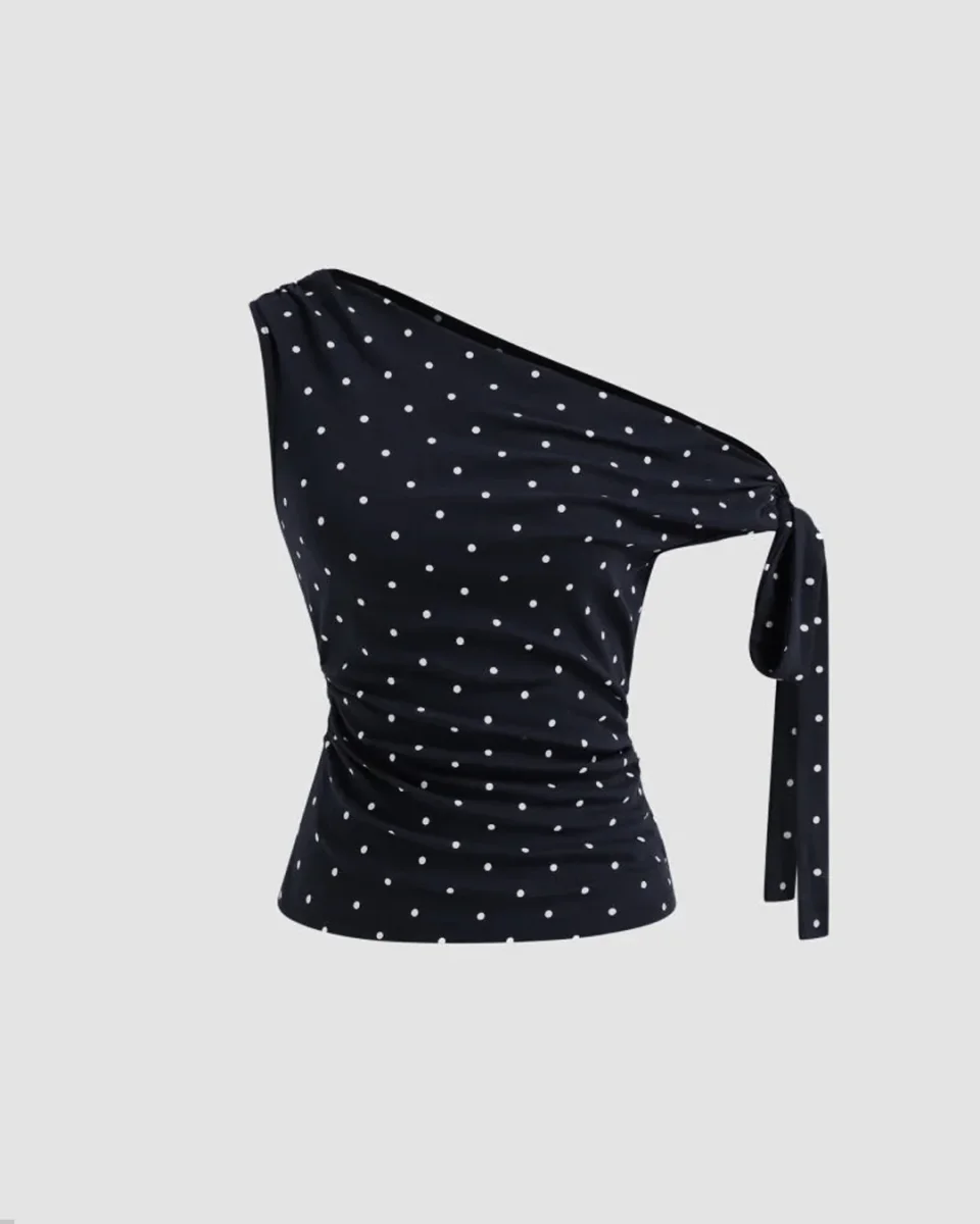 Asymmetrical Neck Polka Dot Ruched Knotted Top