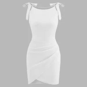 Boat Neckline Solid Bowknot Wrap Ruched Mini Dress