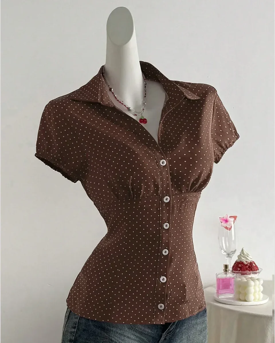 Brown Polka Dot Button Down Collared Top