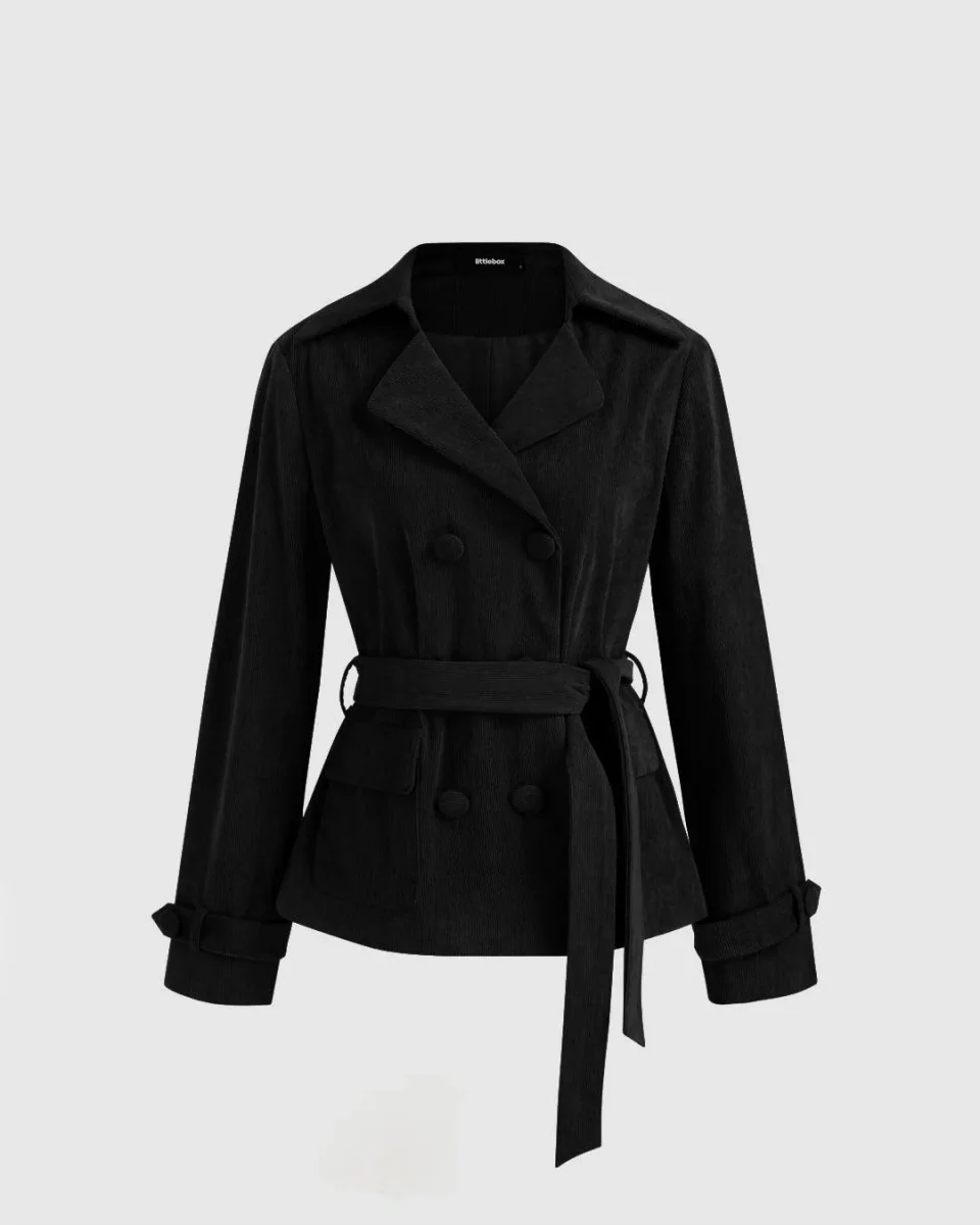 Corduroy Double Breasted Jacket With Belt In Black