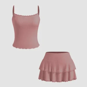 Dusty Pink Lace Trim Cami Top & Tiered Mini Skirt Co-Ord Set
