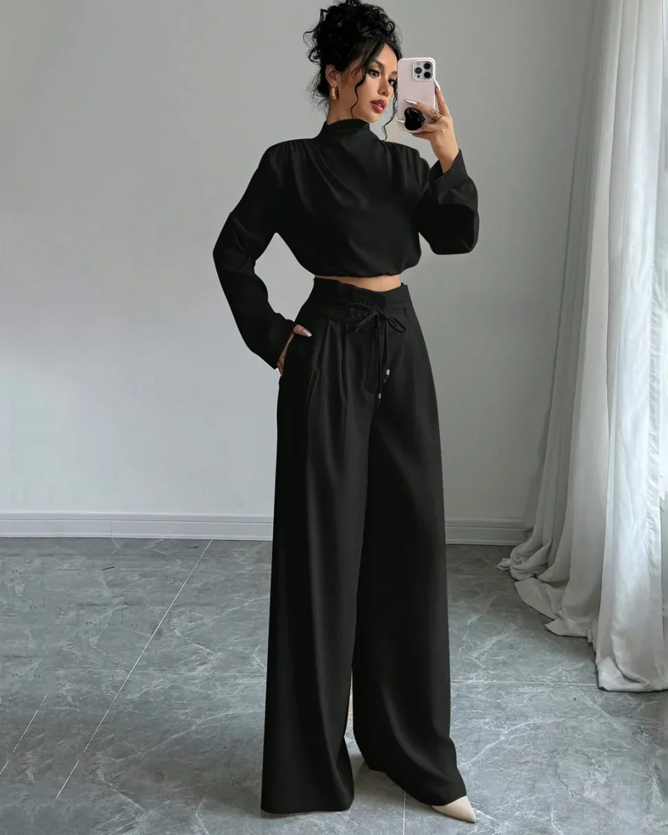 High Neck Full Sleeve Top and Wide Leg Pants Set in Black