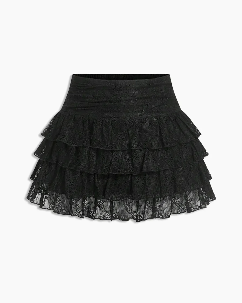 Lace Ruffle Hem Mini Skirt in Black