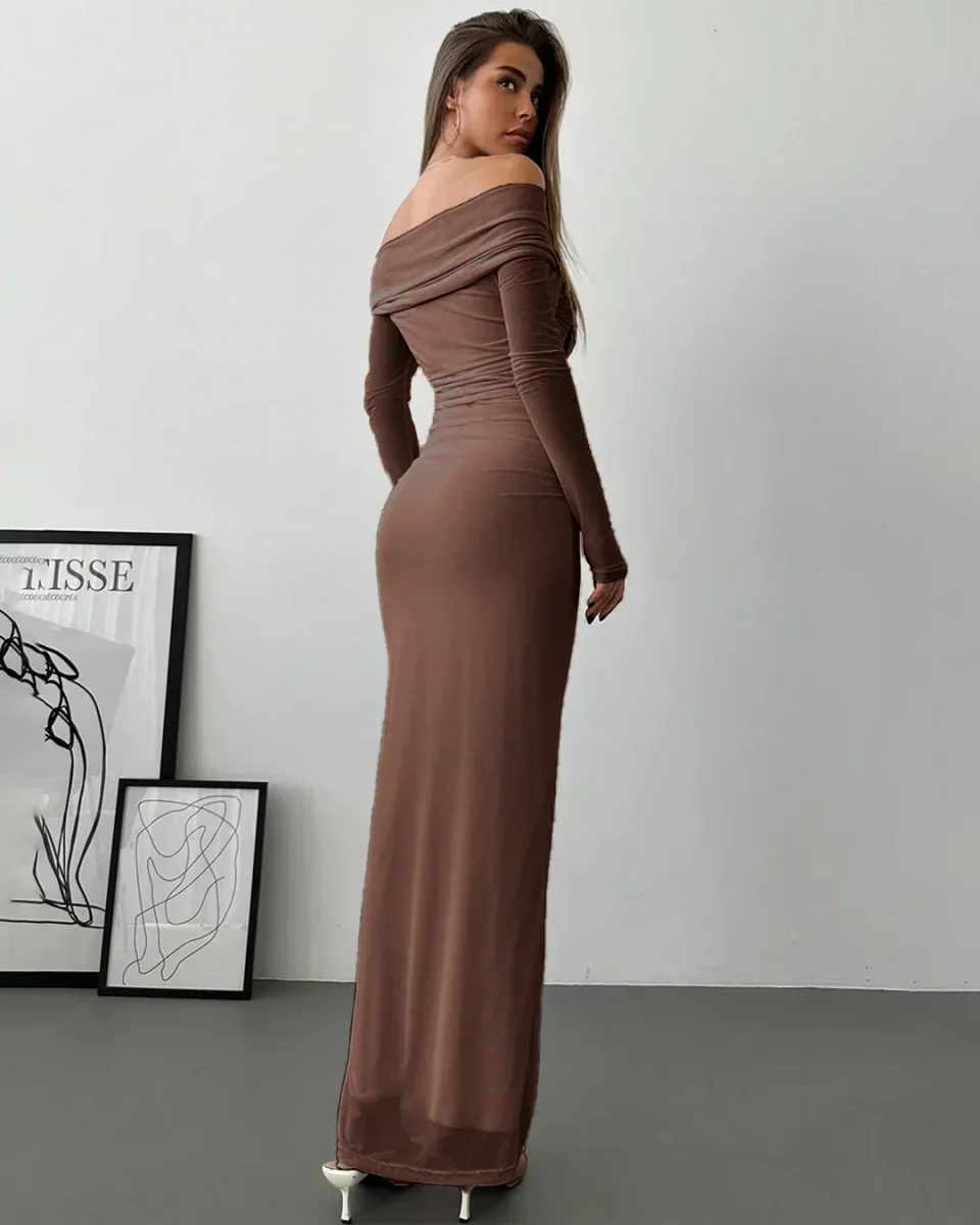 Off Shoulder Mesh Ruched Fitted Dress With Long Sleeve in Coco - Image 4