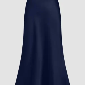 Satin Bias-Cut Flared Midi Skirt in Navy Blue