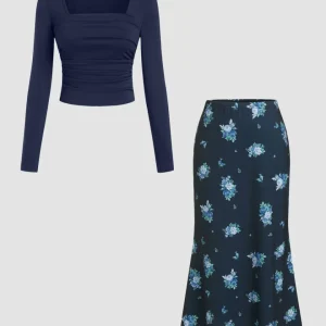 Square Neck Ruched Top & Floral Mermaid Maxi Skirt Set in Navy Blue