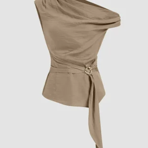 Asymmetrical Neck Top with Metal Detail in Brown
