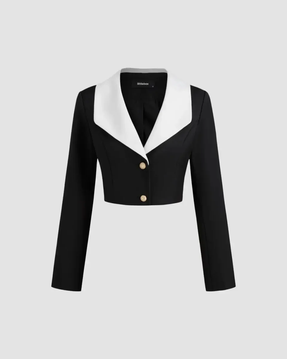 Contrast Collar Cropped Blazer in Black & White