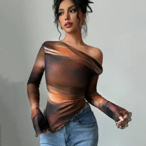 Abstract Print Asymmetric Neck Long Sleeve Fitted Top